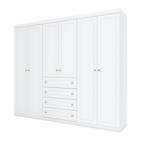 Guarda-Roupa Casal 6 Portas com 4 Gavetas Externas, Cabideiros e Prateleiras – MDF/MDP Branco, Design Escandinavo