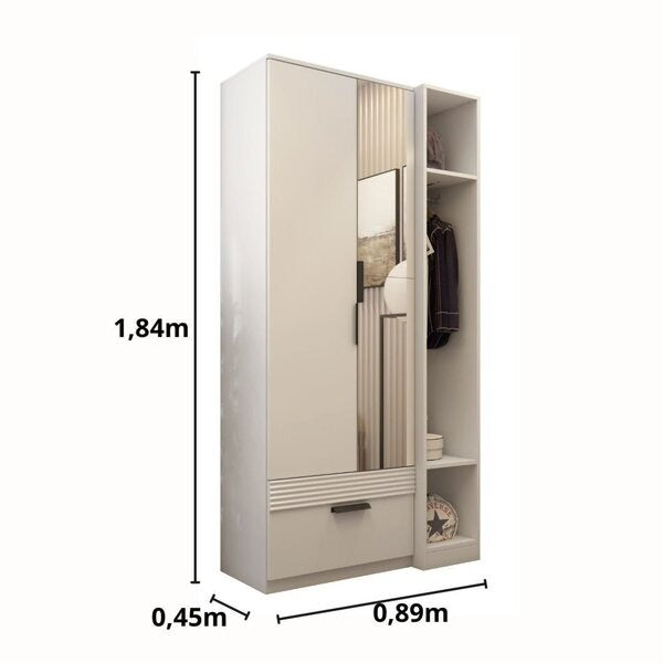 Guarda-Roupa Solteiro 2 Portas com Espelho e 1 Gaveta