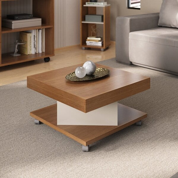 Mesa de Centro Quadrada com Rodízios e Prateleira – Cinamomo/Off White
