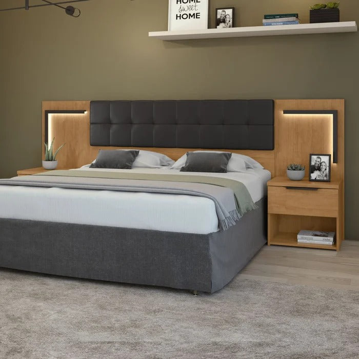 Cabeceira Queen 160cm com Criados-Mudos e LED Embutido Amêndoa/Preto