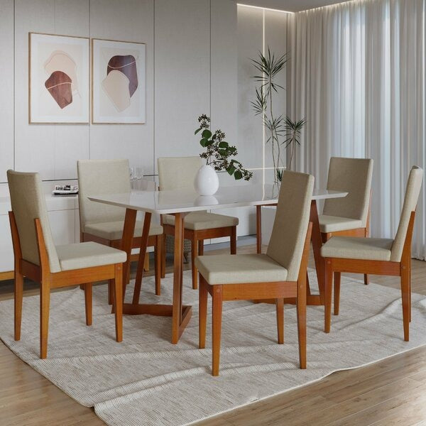 Conjunto Mesa de Jantar com 6 Cadeiras Estofadas e Tampo de Vidro html Copiar Editar