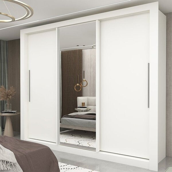Guarda-Roupa Casal 3 Portas com Espelho, 4 Gavetas e Prateleiras Internas – 100% MDF, Branco, Portas de Correr