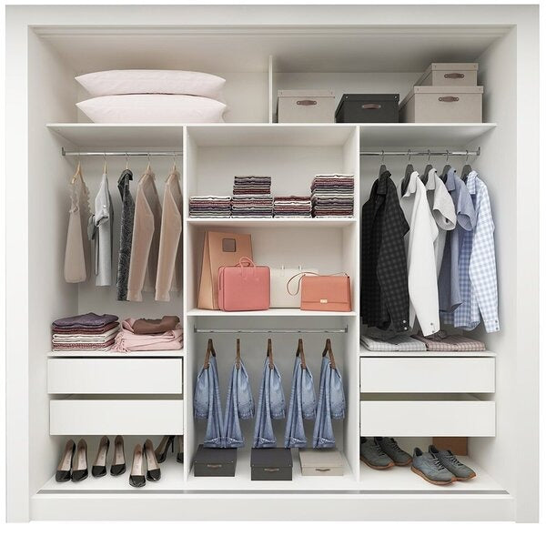 Guarda-Roupa Casal 3 Portas com Espelho, 4 Gavetas e Prateleiras Internas – 100% MDF, Branco, Portas de Correr