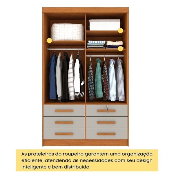 Guarda-Roupa Solteiro 2 Portas de Correr com 6 Gavetas 133cm