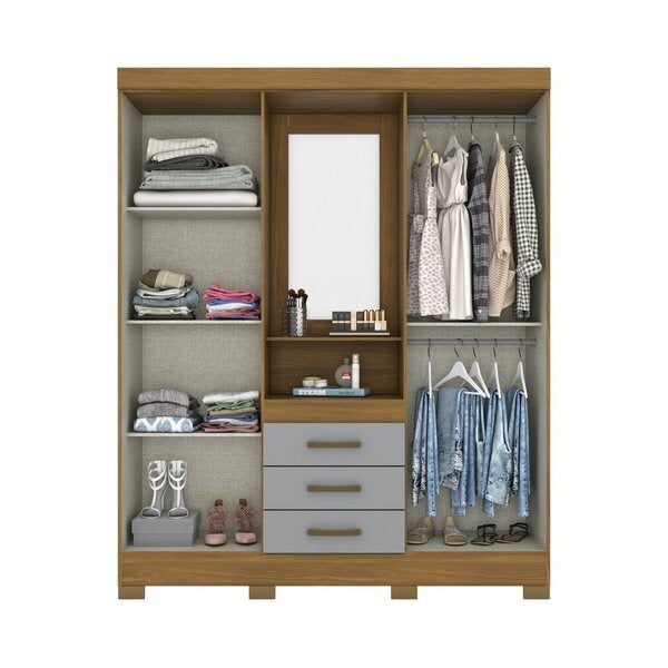 Guarda-Roupa Solteiro 4 Portas com Espelho e 3 Gavetas