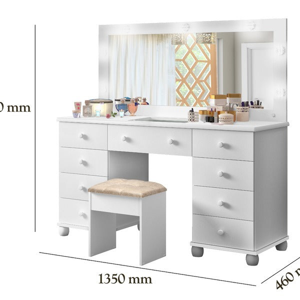 Penteadeira Camarim com 9 Gavetas, Espelho com LED e Banqueta