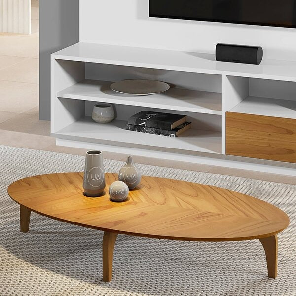 Mesa de Centro Oval Orgânica com Pés em Madeira