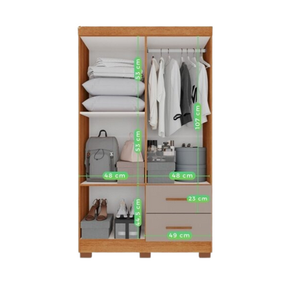 Guarda-Roupa Solteiro 4 Portas com Espelho, 2 Gavetas e Prateleiras – MDP Cinamomo/Off-White