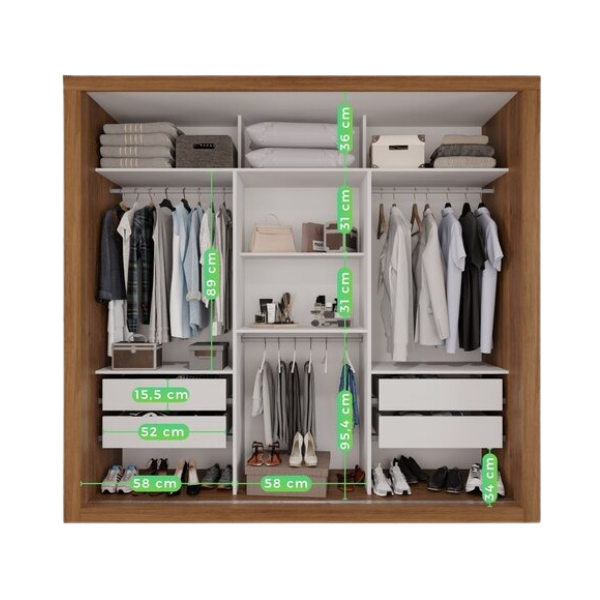 Guarda-Roupa Casal 3 Portas com Espelho, 4 Gavetas e Sapateira – MDF/MDP Cinamomo Off-White, Portas de Correr
