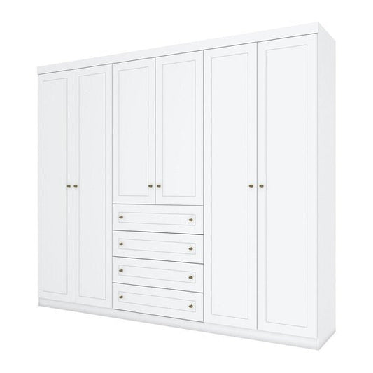 Guarda-Roupa Casal 6 Portas com 4 Gavetas Externas, Cabideiros e Prateleiras – MDF/MDP Branco, Design Escandinavo