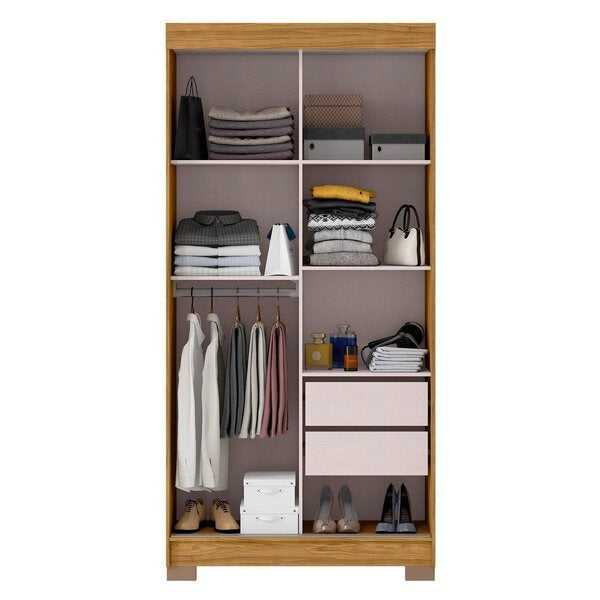 Guarda-Roupa Solteiro 2 Portas de Correr com 2 Gavetas e Prateleiras – MDP Marrocos/Off White