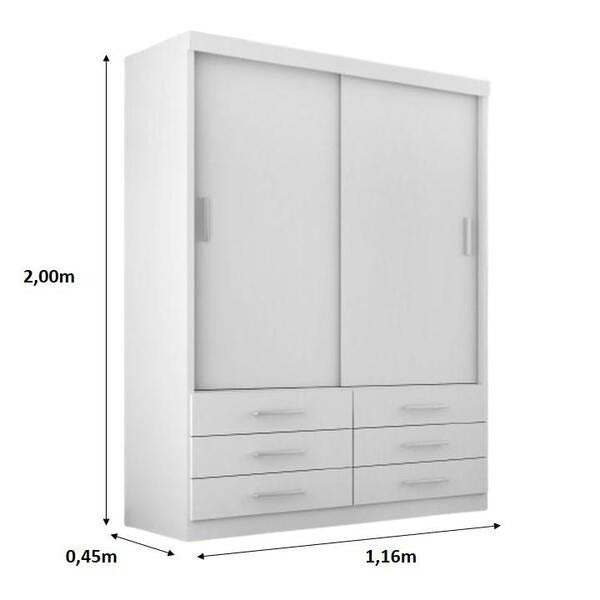 Guarda-Roupa Solteiro 2 Portas de Correr com 6 Gavetas 116cm Branco
