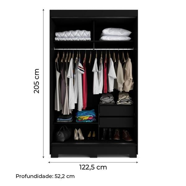 Guarda-Roupa Solteiro com Espelho 2 Portas de Correr, 2 Gavetas