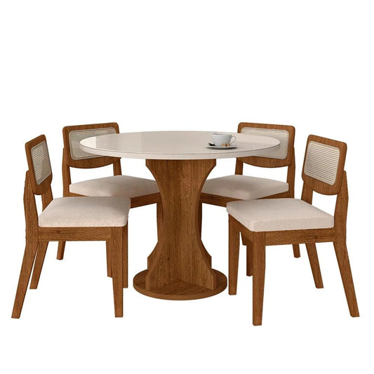 Conjunto Mesa de Jantar Redonda com Vidro e 4 Cadeiras Estofadas  html Copiar Editar