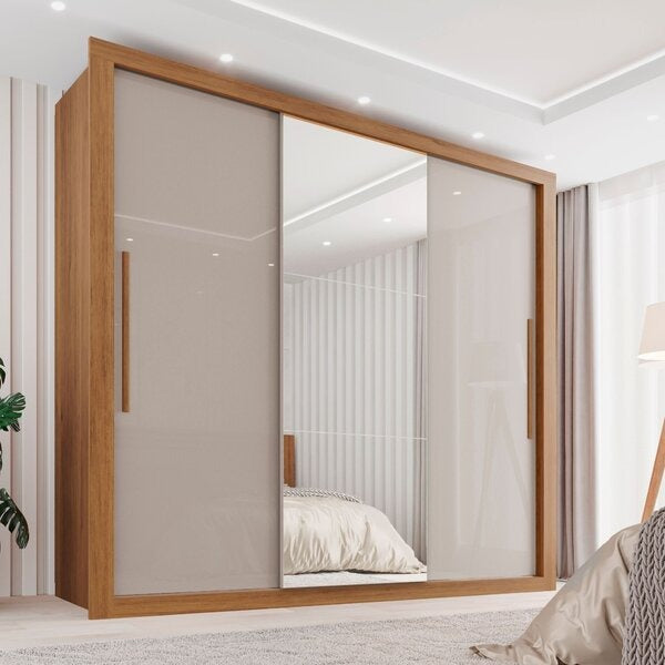 Guarda-Roupa Casal 3 Portas com Espelho, 4 Gavetas e Sapateira – MDF/MDP Cinamomo Off-White, Portas de Correr