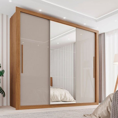 Guarda-Roupa Casal 3 Portas com Espelho, 4 Gavetas e Sapateira – MDF/MDP Cinamomo Off-White, Portas de Correr