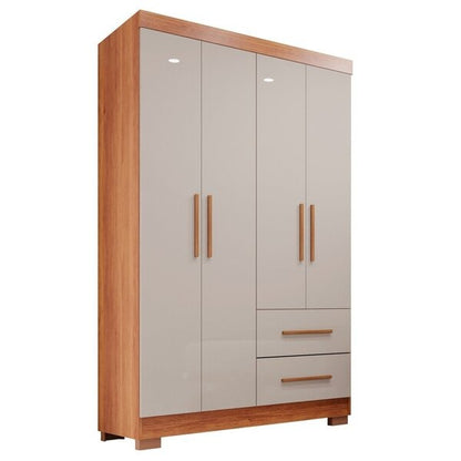 Guarda-Roupa Solteiro 4 Portas com Espelho, 2 Gavetas e Prateleiras – MDP Cinamomo/Off-White