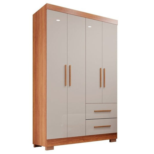 Guarda-Roupa Solteiro 4 Portas com Espelho, 2 Gavetas e Prateleiras – MDP Cinamomo/Off-White