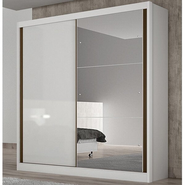 Guarda-Roupa Solteiro 2 Portas de Correr com Espelho, 3 Gavetas e Cabideiros – 100% MDF Branco