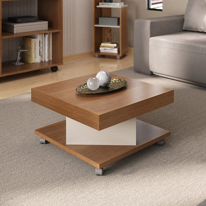 Mesa de Centro Quadrada com Rodízios e Prateleira – Cinamomo/Off White