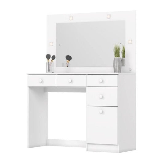 Penteadeira Camarim com Espelho LED, 4 Gavetas e 1 Porta – MDP Branco Fosco