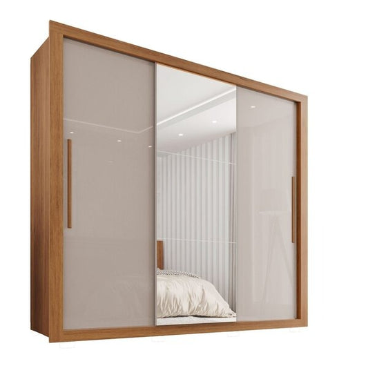 Guarda-Roupa Casal 3 Portas com Espelho, 4 Gavetas e Sapateira – MDF/MDP Cinamomo Off-White, Portas de Correr
