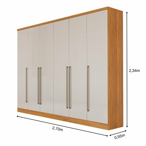 Guarda-Roupa Casal 6 Portas com 8 Gavetas, Prateleiras e Calceiro – 270 cm, MDF/MDP Cinamomo Off-White