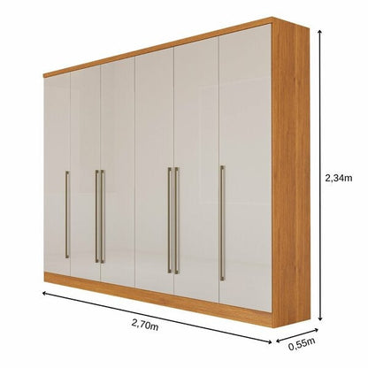 Guarda-Roupa Casal 6 Portas com 8 Gavetas, Prateleiras e Calceiro – 270 cm, MDF/MDP Cinamomo Off-White