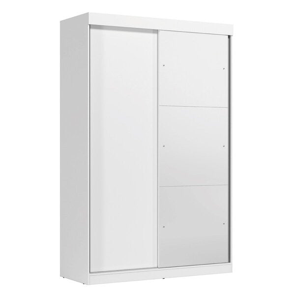 Guarda-Roupa Solteiro 2 Portas de Correr com Espelho e 2 Gavetas – MDP Branco, Cabideiros e Prateleiras Internas