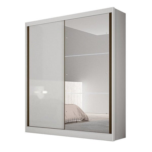 Guarda-Roupa Solteiro 2 Portas de Correr com Espelho, 3 Gavetas e Cabideiros – 100% MDF Branco