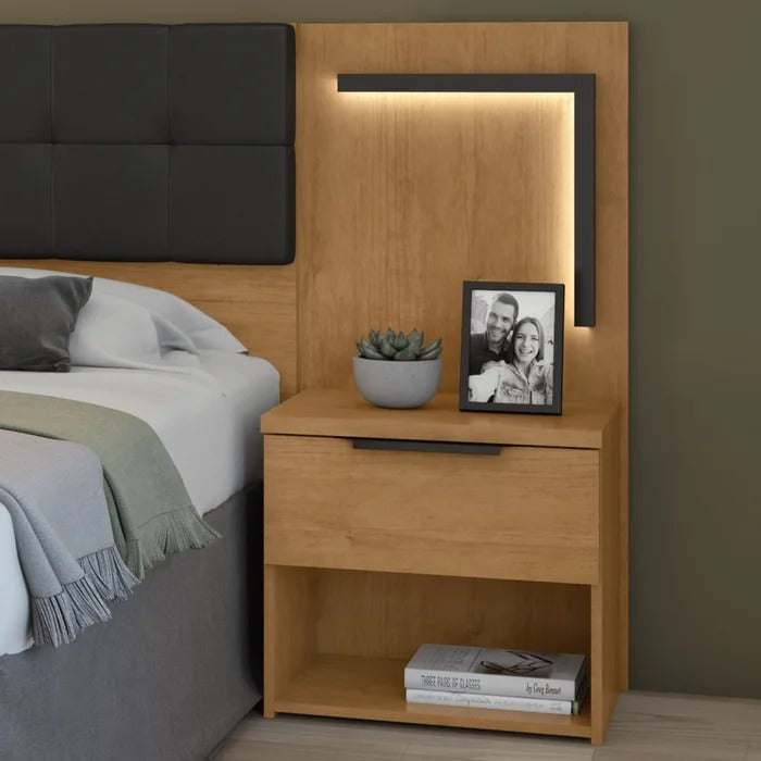 Cabeceira Queen 160cm com Criados-Mudos e LED Embutido Amêndoa/Preto