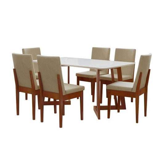 Conjunto Mesa de Jantar com 6 Cadeiras Estofadas e Tampo de Vidro  html Copiar Editar