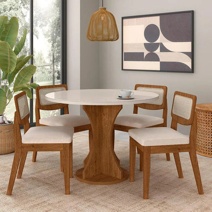 Conjunto Mesa de Jantar Redonda com Vidro e 4 Cadeiras Estofadas  html Copiar Editar