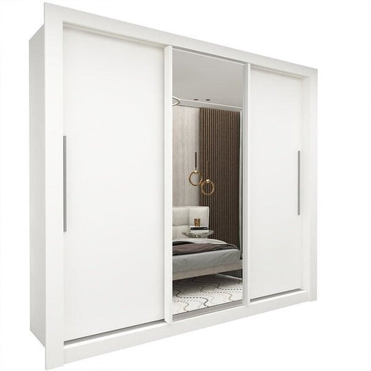 Guarda-Roupa Casal 3 Portas com Espelho, 4 Gavetas e Prateleiras Internas – 100% MDF, Branco, Portas de Correr
