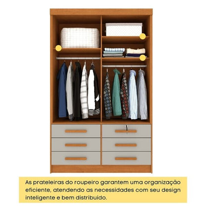 Guarda-Roupa Solteiro 2 Portas de Correr com 6 Gavetas 133cm