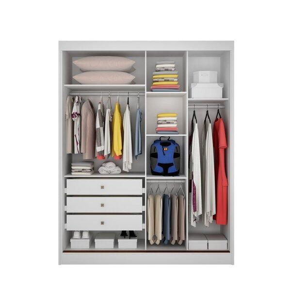 Guarda-Roupa Solteiro 2 Portas de Correr com Espelho, 3 Gavetas e Cabideiros – 100% MDF Branco