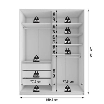 Guarda-Roupa Solteiro 2 Portas de Correr com Espelho, 3 Gavetas e 6 Prateleiras – MDP Branco