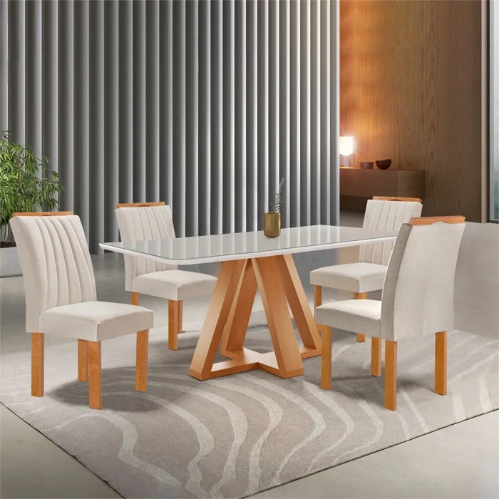 Conjunto Mesa de Jantar Retangular com Vidro e 4 Cadeiras Estofadas