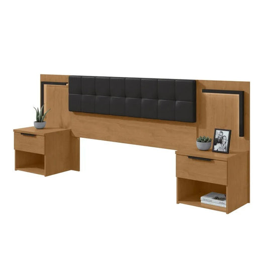 Cabeceira Queen 160cm com Criados-Mudos e LED Embutido Amêndoa/Preto