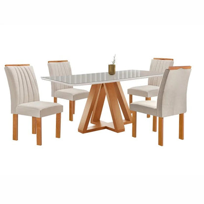 Conjunto Mesa de Jantar Retangular com Vidro e 4 Cadeiras Estofadas