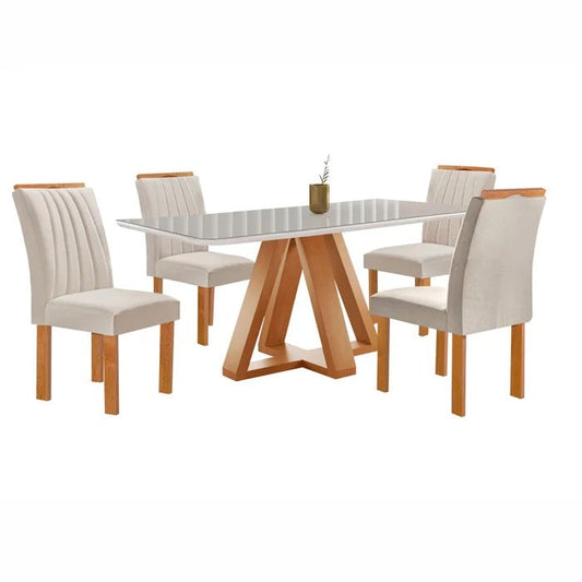 Conjunto Mesa de Jantar Retangular com Vidro e 4 Cadeiras Estofadas