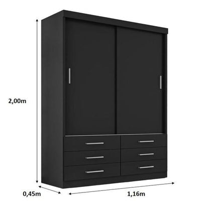 Guarda-Roupa Solteiro 2 Portas de Correr com 6 Gavetas 116cm