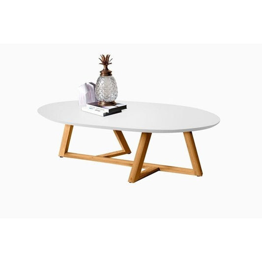 Mesa de Centro Oval com Pés de Madeira – Branco e Amêndoa