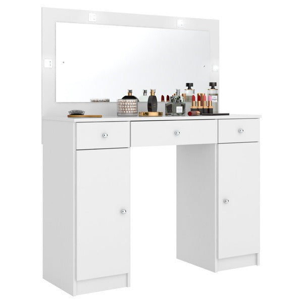 Penteadeira Camarim com Espelho, 3 Gavetas, 2 Portas e LED – MDP Branco Fosco, Design Moderno