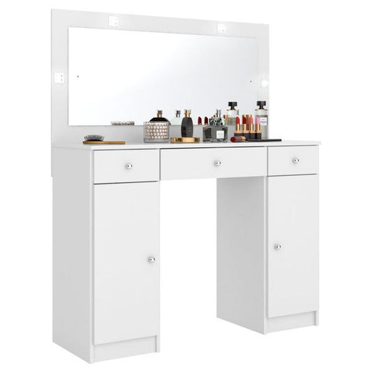 Penteadeira Camarim com Espelho, 3 Gavetas, 2 Portas e LED – MDP Branco Fosco, Design Moderno