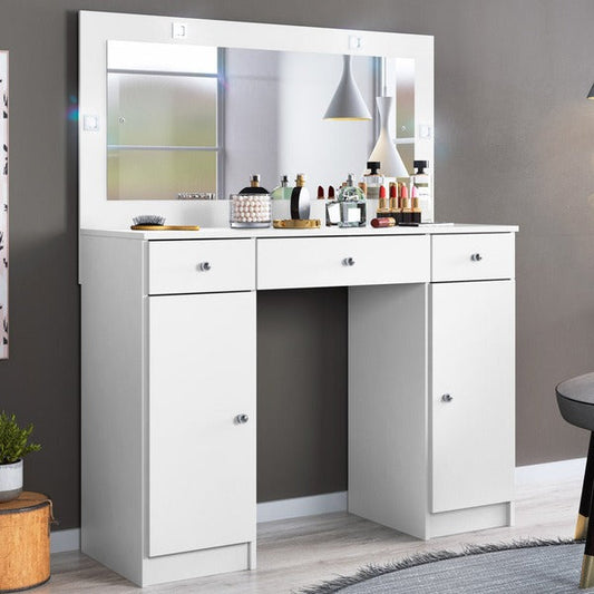 Penteadeira Camarim com Espelho, 3 Gavetas, 2 Portas e LED – MDP Branco Fosco, Design Moderno