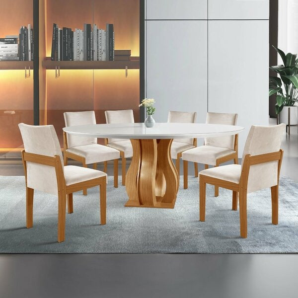 Conjunto Mesa de Jantar Redonda com Vidro e 6 Cadeiras Estofadas
