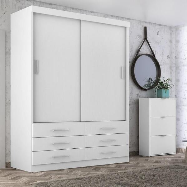Guarda-Roupa Solteiro 2 Portas de Correr com 6 Gavetas 116cm Branco