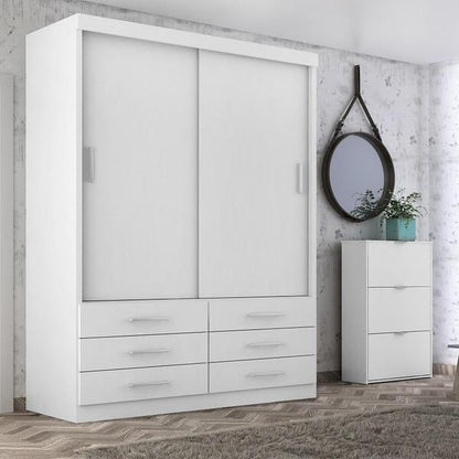 Guarda-Roupa Solteiro 2 Portas de Correr com 6 Gavetas 116cm Branco