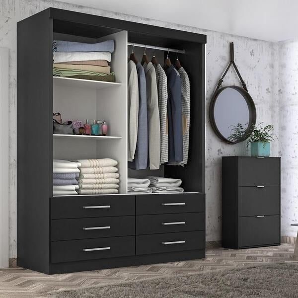 Guarda-Roupa Solteiro 2 Portas de Correr com 6 Gavetas 116cm